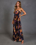 Adrenia Pleated Floral Print Satin Maxi Dress