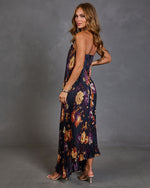 Adrenia Pleated Floral Print Satin Maxi Dress