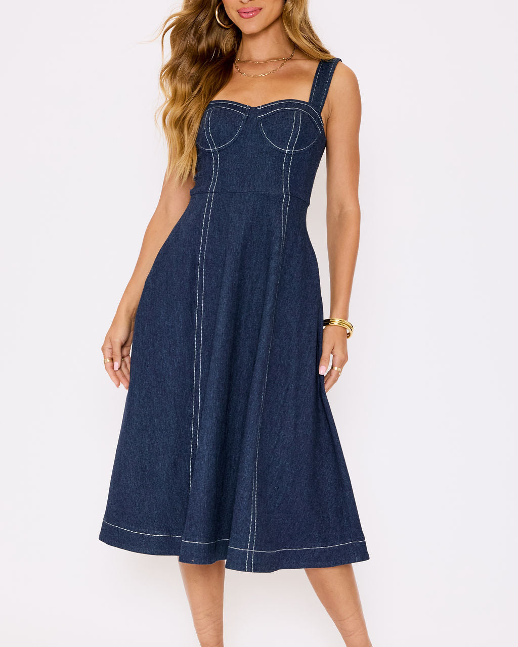 Rey Denim Midi Dress in Dark Wash