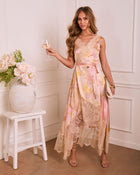 Soft Rise Wrap Floral Satin Lace Midi Dress