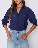 Navy % Garden Stroll Eyelet Floral Button Down Top-1