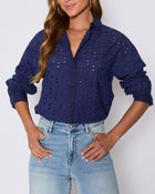 Navy % Garden Stroll Eyelet Floral Button Down Top-1