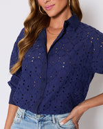 Navy % Garden Stroll Eyelet Floral Button Down Top-6
