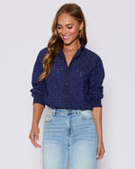Navy % Garden Stroll Eyelet Floral Button Down Top-5