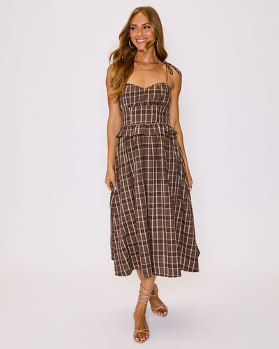 knee length dresses for ladies Brown Plaid Checkered V-Neck Ruched Bodice Midi Dress Medium main image 1
