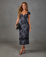 Dark floral jacquard midi dress with lace trim, cap sleeves, worn with strappy black heels and clutch