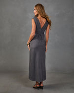 Charcoal gray satin maxi dress with lace V-back, tie waist, worn with black strappy kitten heels