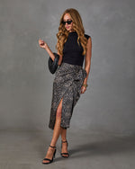 Crystal Satin Abstract Wrap Tie Midi Skirt