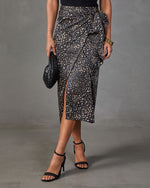 Crystal Satin Abstract Wrap Tie Midi Skirt