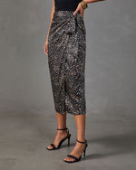 Crystal Satin Abstract Wrap Tie Midi Skirt