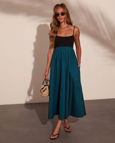 Quiet Terrace Cotton Color Block Maxi Dress in Teal