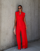 Red % Ginnay Collared Button Front Jumpsuit-1