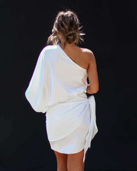 White % Anastasia Satin One Shoulder Side Tie Mini Dress-2