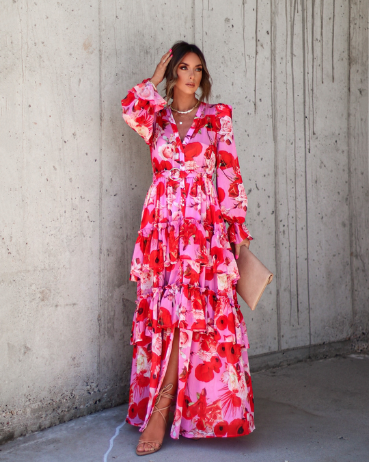 Pink % Mon Cheri Floral Chiffon Tiered Belted Maxi Dress-1-1