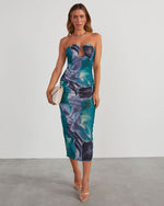 Navy % Delora Printed Mesh Strapless Midi Dress-5