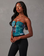 Navy % Jazlynn Printed Strapless Ruched Cutout Bodysuit-3