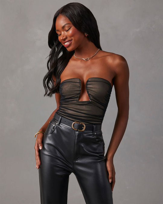 Black % Jazlynn Mesh Strapless Ruched Cutout Bodysuit-1