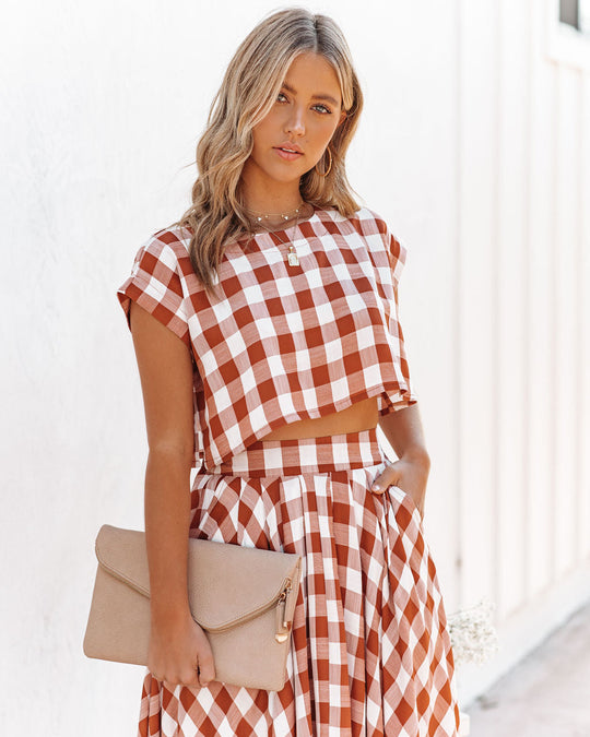 Rust % Athina Cotton Blend Gingham Crop Top-1