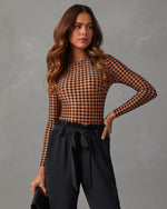 Brown % All The Craze Velvet Mesh Houndstooth Bodysuit-5
