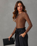 Brown % All The Craze Velvet Mesh Houndstooth Bodysuit-3