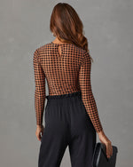 Brown % All The Craze Velvet Mesh Houndstooth Bodysuit-4