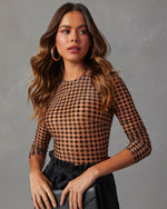 Brown % All The Craze Velvet Mesh Houndstooth Bodysuit-1
