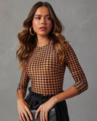 Brown % All The Craze Velvet Mesh Houndstooth Bodysuit-1
