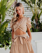 Tan % Carlena Twisted Front Puff Sleeve Top-1