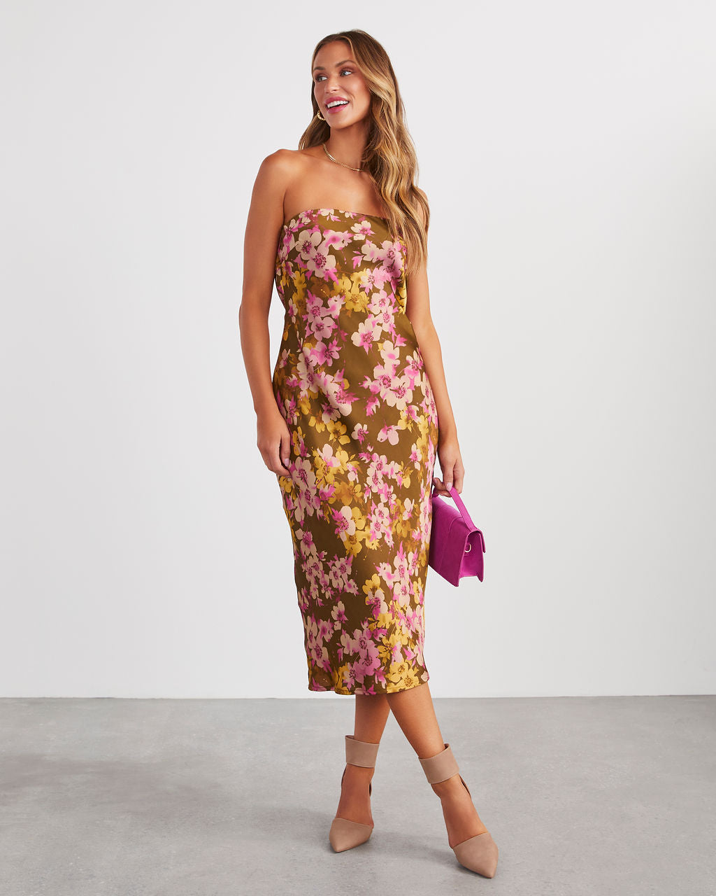 Laressa Satin Strapless Floral Midi Dress VICI