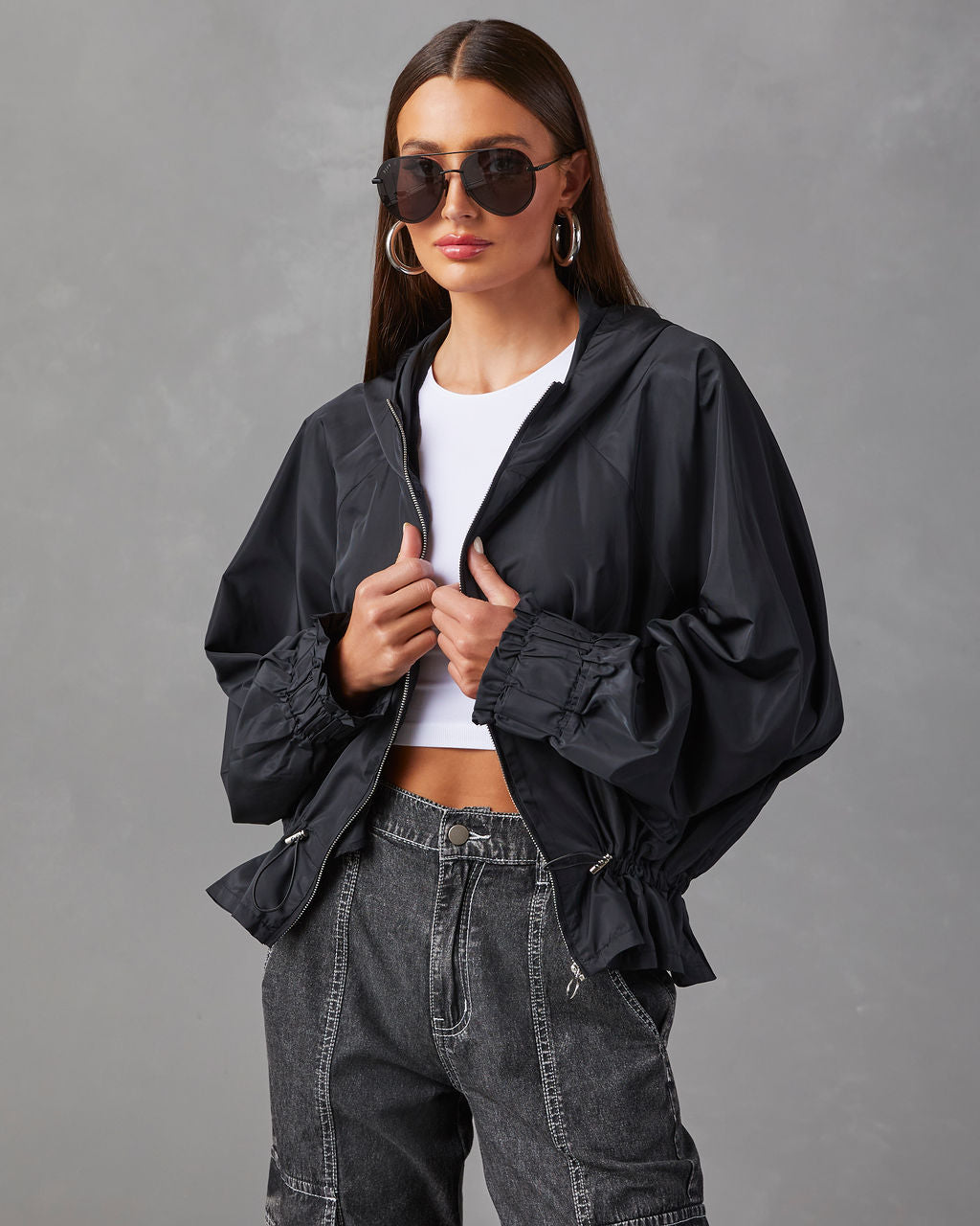 Hooded sales drawstring jacket