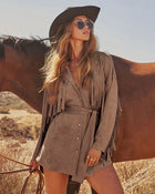 Olya Suede Wrap Tie Fringe Mini Dress
