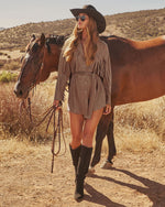 Olya Suede Wrap Tie Fringe Mini Dress