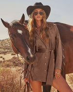 Olya Suede Wrap Tie Fringe Mini Dress