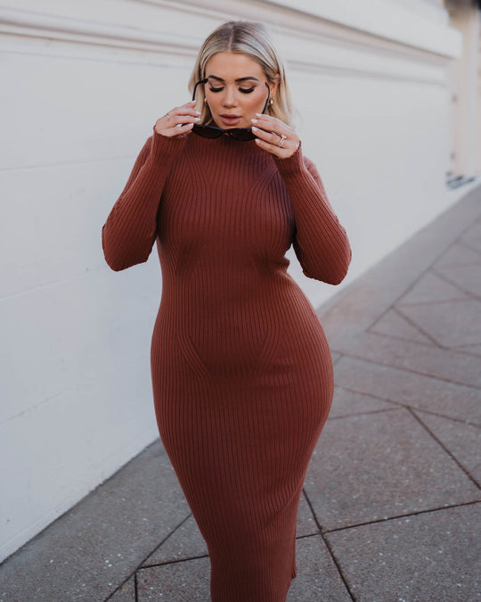 Brown % Missy Long Sleeve Midi Sweater Dress-7