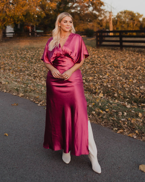 theia v neck satin dress Valencia V Neck Satin Gown