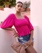 Hot Pink %  Devin Smocked Peplum Top 1