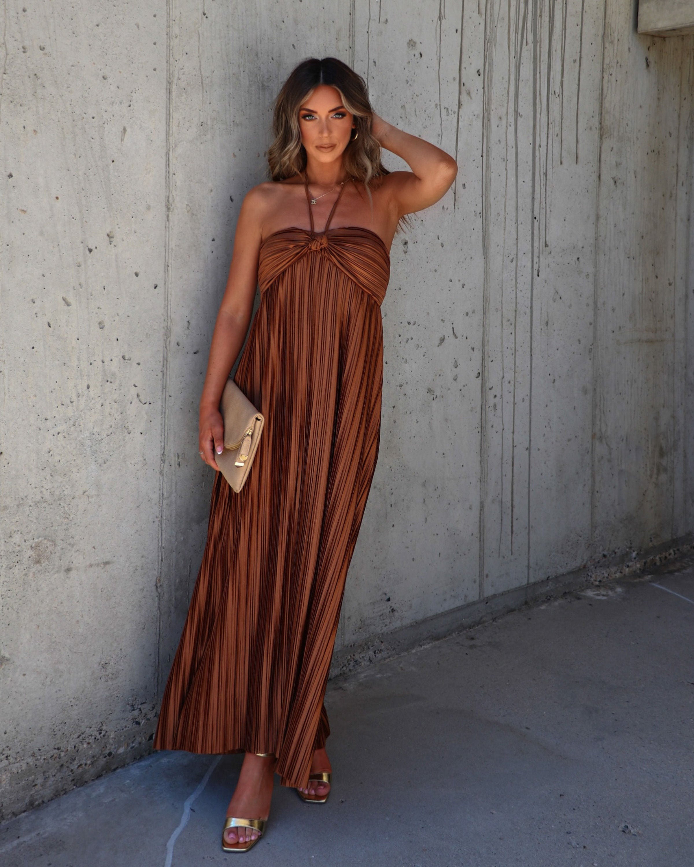 brown plisse dress Melody Plisse Halter Maxi Dress - Brown