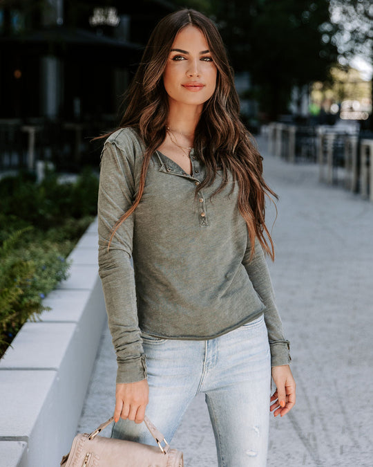 Washed Olive % Daralynn Cotton Long Sleeve Henley 2