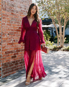 Berry % Loretta Plisse Metallic Balloon Sleeve Maxi Dress-1