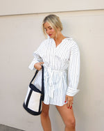 White Multi % Between The Lines Waist Tie Mini Shirt Dress-3