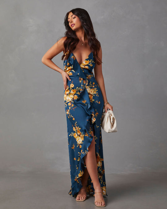 Capriccio Satin Floral Ruffle Maxi Dress – VICI