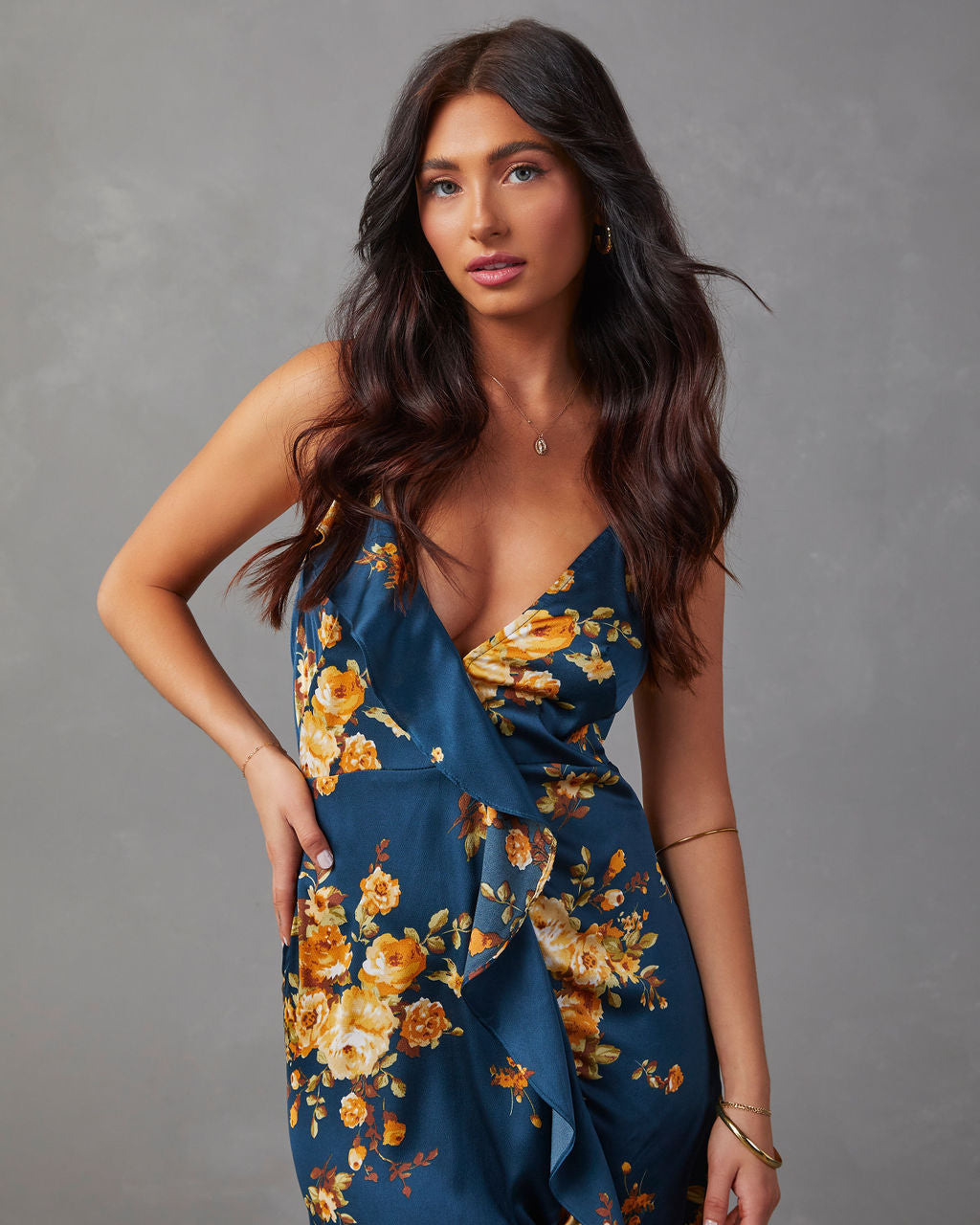 Capriccio satin floral ruffle maxi dress outlet