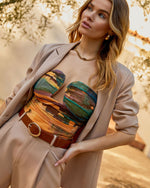 Orange/Multi % Jazlynn Printed Strapless Ruched Cutout Bodysuit-1