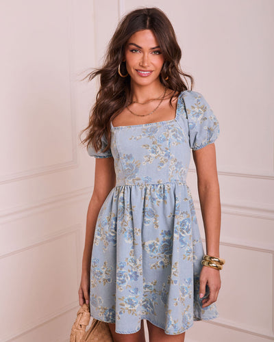 feminine mini dress Petal Ease Floral Puff Sleeve Mini Dress in Denim