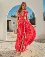 Red % Carlita Ruffle Printed Cutout Maxi Dress-5