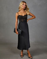 Noir Poise Satin Lace Midi Dress