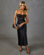 Noir Poise Satin Lace Midi Dress