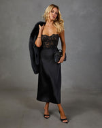 Noir Poise Satin Lace Midi Dress