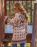 Anneston Printed Wrap Tie Fringe Cardigan