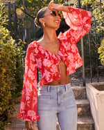 Red Multi % Lovers Bloom Floral Ruffle Blouse-5